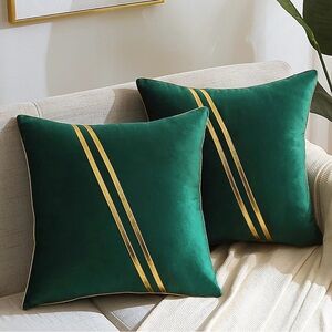 Luxury Green Velvet Pillow Cover With Gold Leather Stripes 18” X 18”